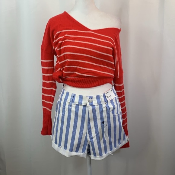 Express Blue and White Striped Shortie Super High Rise Mom Shorts- NWT- 6 - Picture 5 of 15